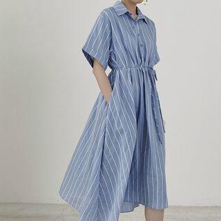 Striped Short-sleeve Midi Collared Dress