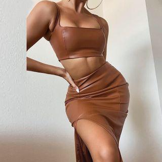 Set: Pu Cropped Tank Top + Pu Slit Midi Skirt