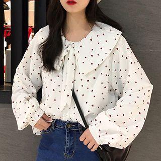 Tie-neck Heart Print Shirt As Shown In Figure - One Size