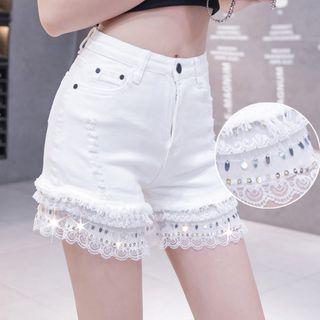 Lace Trim Sequin Denim Hot Pants