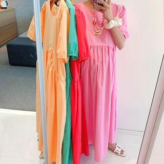 Puff-sleeve Shirred Maxi Vivid Dress