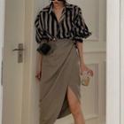 Slit Midi Pencil Skirt / Striped Shirt