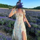 Puff-sleeve Square-neck Tie-strap Floral Dress