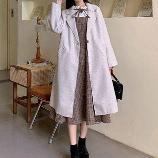 Single Button Midi Coat / Mock Two-piece Plaid Midi A-line Dress