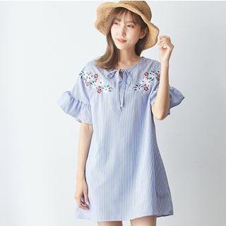 Ruffled Sleeve Floral Embroidered Striped A-line Dress Blue - One Size