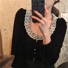 Lace Velvet Long-sleeve Slim-fit Blouse Black - One Size