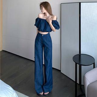 Boatneck Denim Crop Top / High-waist Wide-leg Jeans