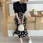 Puff Sleeve Short-sleeve Top / Floral Midi Skirt