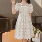 Puff-sleeve Floral Print A-line Mesh Dress