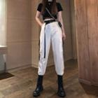 Belted Cargo Pants / Set: Cross Strap Short-sleeve Cropped Top + Belted Cargo Pants