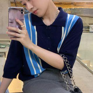 Elbow-sleeve Striped Panel Polo Knit Top / Slit-hem Pencil Skirt
