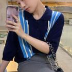 Elbow-sleeve Striped Panel Polo Knit Top / Slit-hem Pencil Skirt
