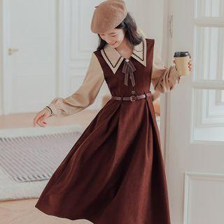 Set: Mock Two-piece Long-sleeve Doll Collar Midi A-line Dress + Belt