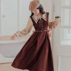 Set: Mock Two-piece Long-sleeve Doll Collar Midi A-line Dress + Belt
