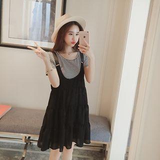 Set: Striped Short Sleeve T-shirt + Plain Pinafore Dress