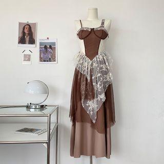 Spaghetti-strap Lace Hem Midi A-line Dress
