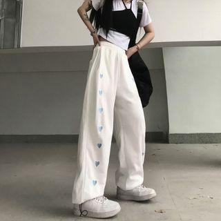Heart Embroidered Drawstring-cuff Wide-leg Pants