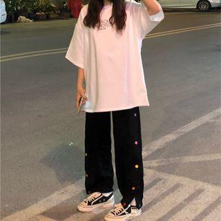 Color-block Button Split Straight-cut Pants