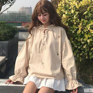 Long-sleeve Embroidered Frill Trim Blouse