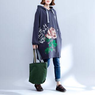 Floral Print Hoodie Dress Gray - One Size