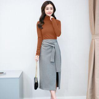 Set: Long-sleeve Dress + Slit-side Skirt