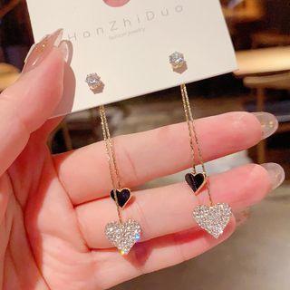Heart Rhinestone Fringed Earring 1 Pair - Gold & Black - One Size