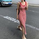 Striped Side-slit Spaghetti-strap Dress