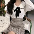 Long-sleeve Tie-front Frill Trim Knit Top