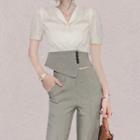 Set: Short-sleeve V-neck Blouse + Cropped Irregular Straight Leg Pants