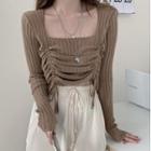 Long-sleeve Square-neck Drawstring Knit Crop Top