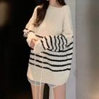 Long-sleeve Striped Loose-fit Knit Top As Shown In Figure - One Size