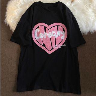 Short-sleeve Letter Heart Embroidered T-shirt