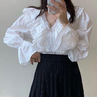 V-neck Lace Ruffle Balloon-sleeve Blouse White - One Size