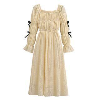 Long-sleeve Bow-accent Shirred Midi A-line Dress