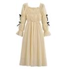 Long-sleeve Bow-accent Shirred Midi A-line Dress