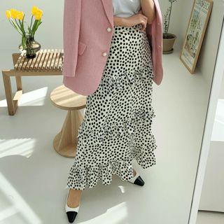 Frilled-trim Dotted A-line Maxi Skirt Cream - One Size