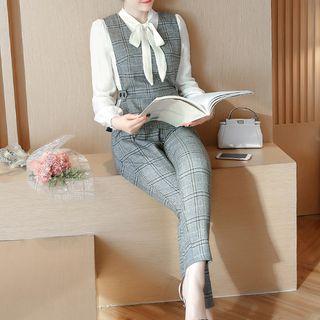 Set: Plaid Vest + Dress Pants + Tie-neck Shirt