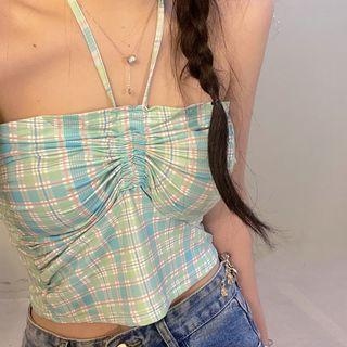 Halter Plaid Camisole Top Green - One Size