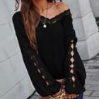 Long-sleeve V-neck Lace-trim Plain Knit T-shirt