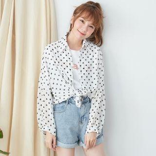 Long-sleeve Polka Dot Chiffon Shirt White - One Size