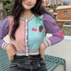 Color Block Embroidered Cropped Cardigan Purple & Pink - One Size