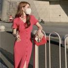 Short-sleeve Button-up Knit Midi Dress Rose Pink - One Size