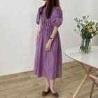Ruched Puff-sleeve Midi A-line Dress Purple - One Size