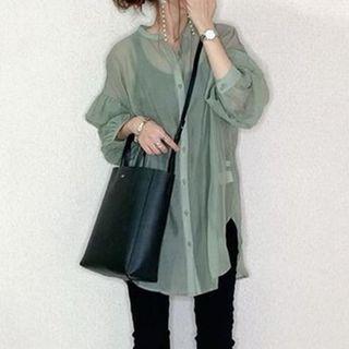 Puff-sleeve Sheer Blouse Green - M