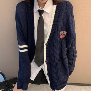 Long-sleeve Shirt / Embroidered Cardigan / Mini A-line Pleated Skirt