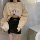 Cat Print Sweatshirt / Faux Leather Mini Pencil Skirt