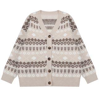 V-neck Patterned Cardigan Almond - One Size