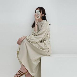 Long-sleeve Shirred A-line Midi Dress