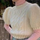 Long-sleeve High-neck Plain Top / Puff-sleeve Cable Knit Top