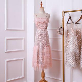 Set: Spaghetti Strap Top + Sequined Midi Skirt